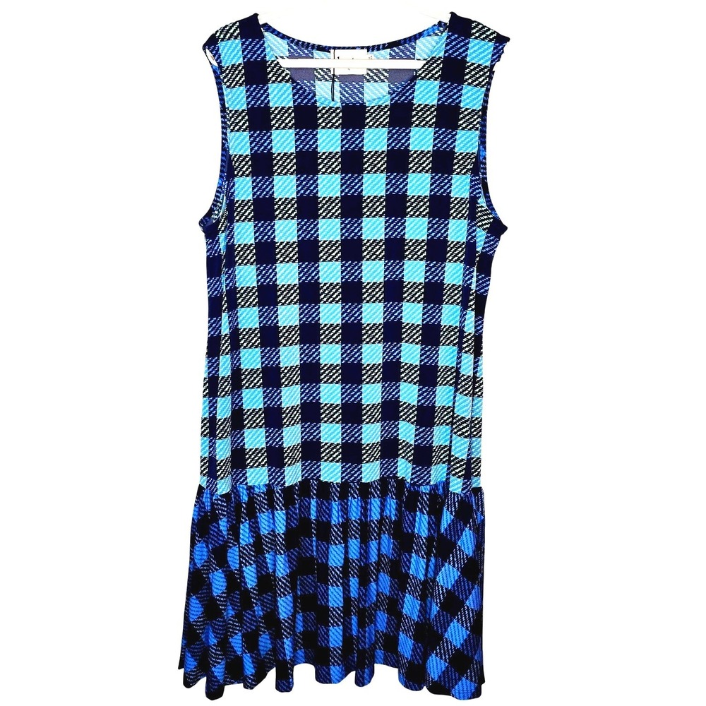 Leota Savvy Sleeveless Ruffle Dress Blue Checkered Drop Waist Size 1L 16-18 NEW